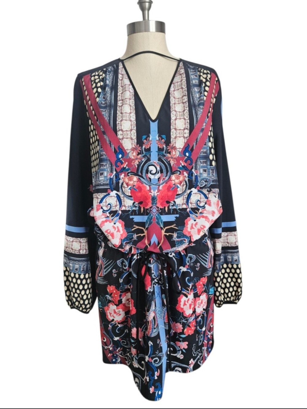 CLOVER CANYON Drawstring Waist Rose Art Print Long Sleeve Mini Dress | SZ M